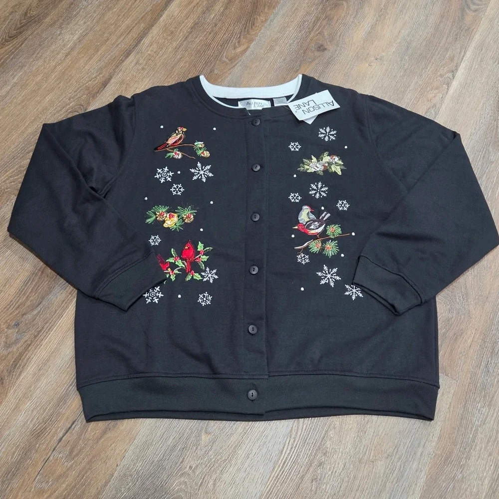 Allison Lane Womens Christmas Cardinal Embroidered Button Front Sweatshirt L NWT